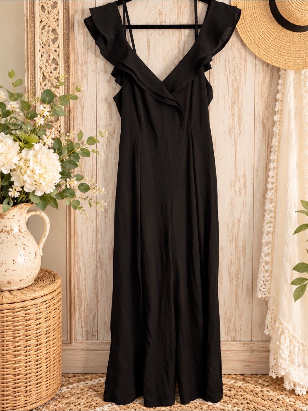 Fashion Nova Black Ruffle V-Neck Wide-Leg Jumpsuit